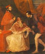 TIZIANO Vecellio Pope Paul III with his Nephews Alessandro and Ottavio Farnese ar oil on canvas